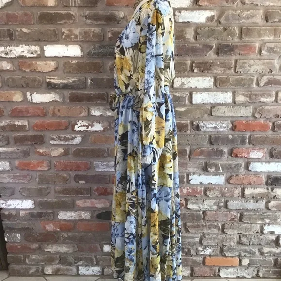ENFOCUS Women’s Navy Yellow Floral Long Sleeve Chiffon V-neck Maxi Dress 14W - Picture 4 of 8